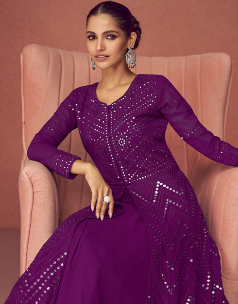 Designer Function Wear Real Georgette Salwar Suit Collection Purple Real Georgette Pant Anarkali Close-up View